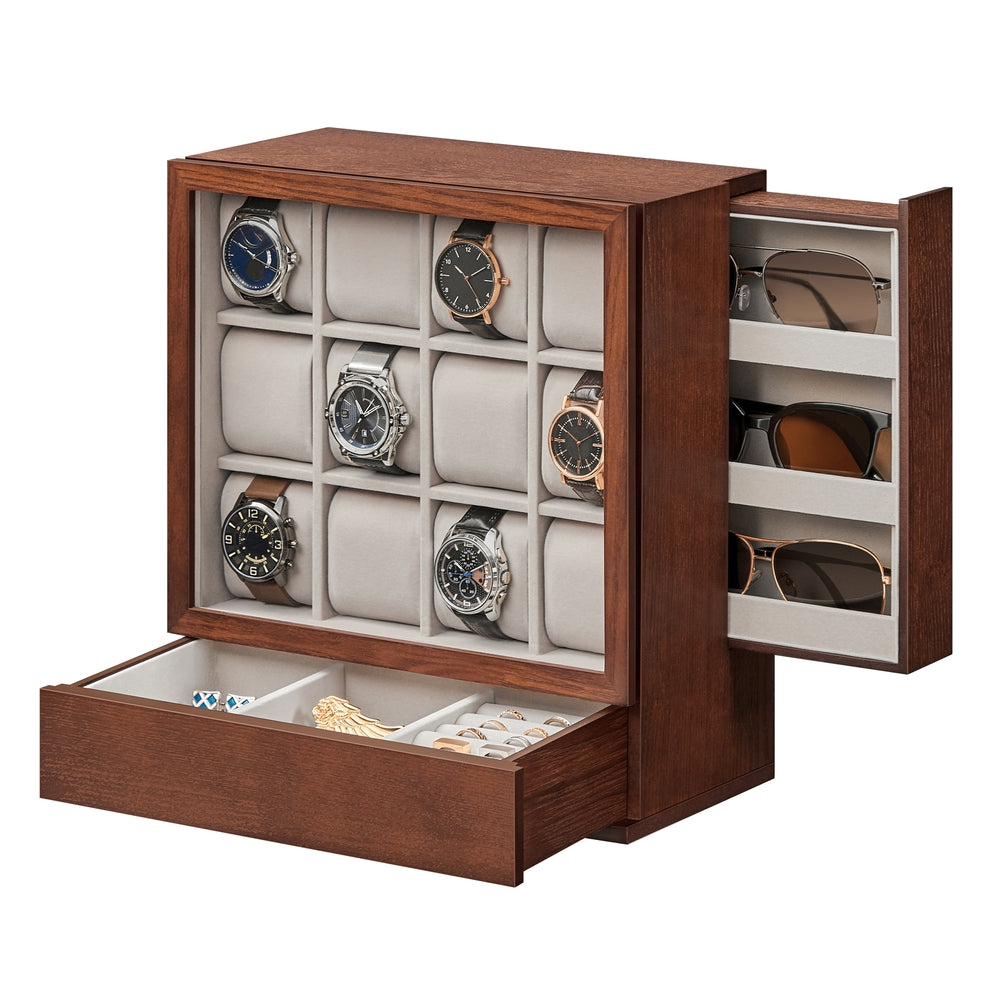 Illustration of the SONGMICS coffee-brown 12-slot watch box